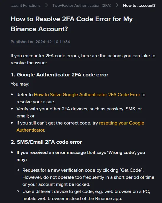 Binance Help Centre page “How to Resolve 2FA Code Error for My Binance Account?”: published on 2024-12-10, with one section on Google Authenticator code errors and one on SMS or email code errors that lists requesting a new code with [Get Code], a warning not to operate too frequently in a short period or the account might be locked, and using a different device such as a web browser on a PC instead of the Binance app