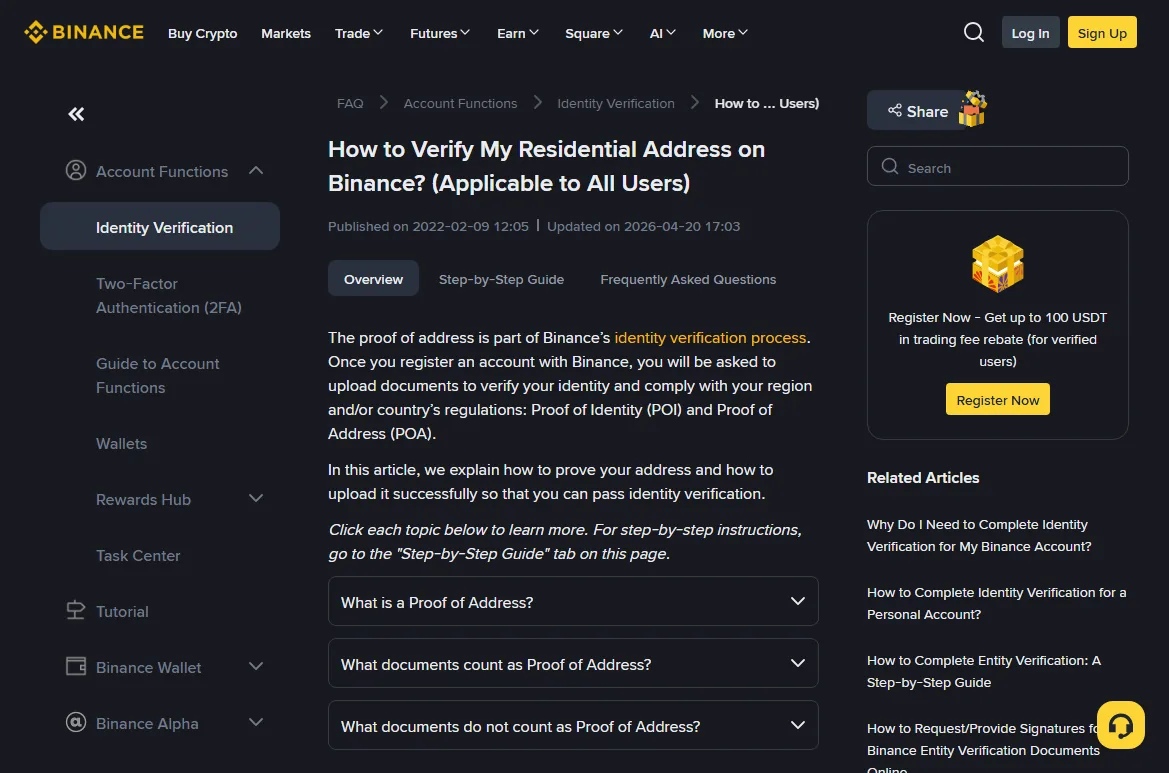 Overview, step-by-step guide and FAQ tabs on the Binance proof-of-address help page.