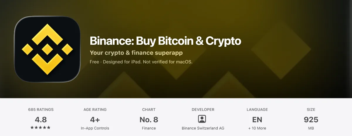 App Store 上的币安应用页:应用名 Binance: Buy Bitcoin & Crypto,下方信息栏显示开发者 Binance Switzerland AG