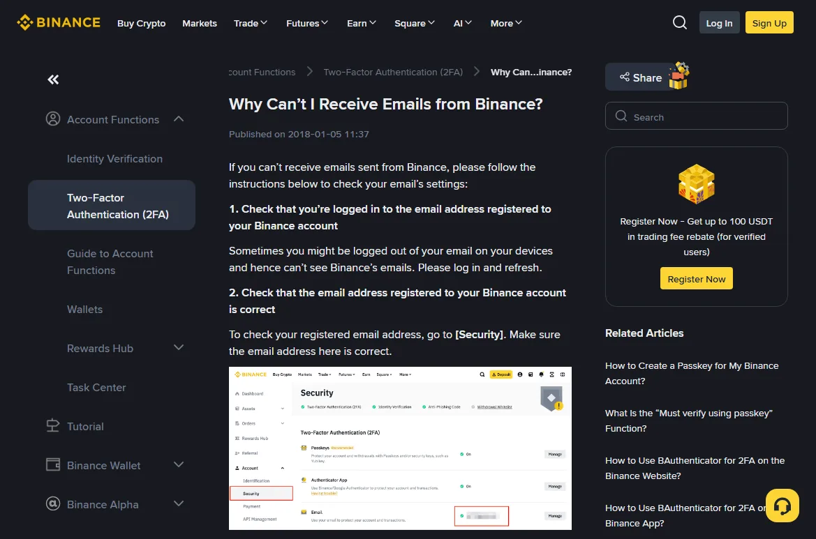 Binance email help listing mailbox login, recipient-address and spam checks.