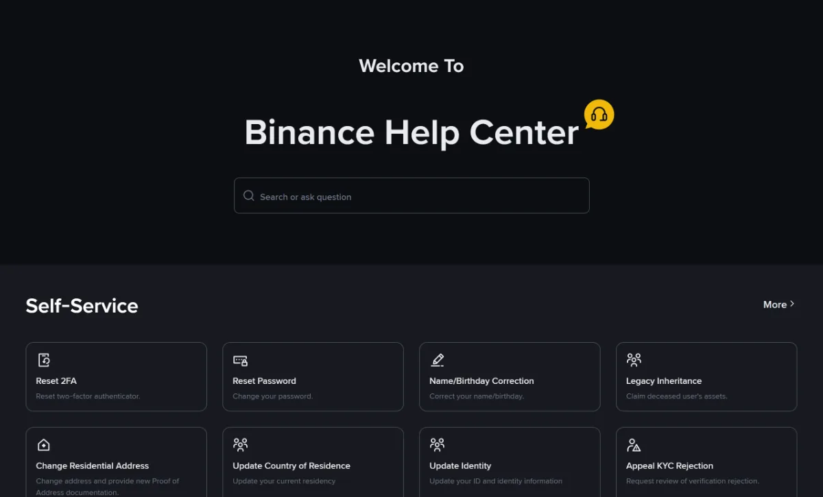 Self-Service section of the Binance Help Center including Name/Birthday Correction, Change Residential Address, Update Country of Residence and Update Identity