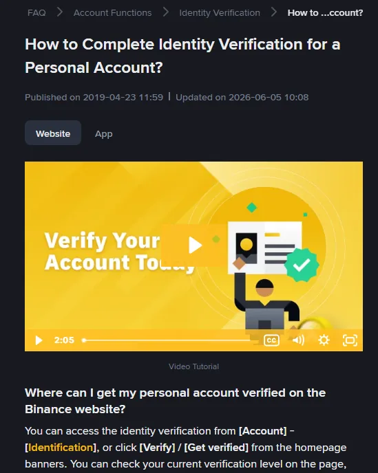 Public identity-verification guide showing website/app tabs and the account verification entry.