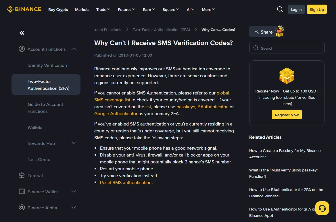 Binance SMS help describing coverage, mobile signal and blocking checks.