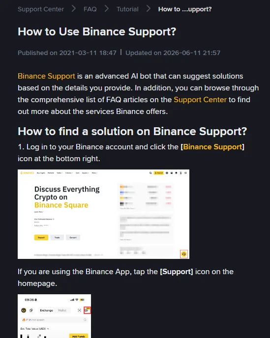 Binance support instructions showing where to open support on the website and app.