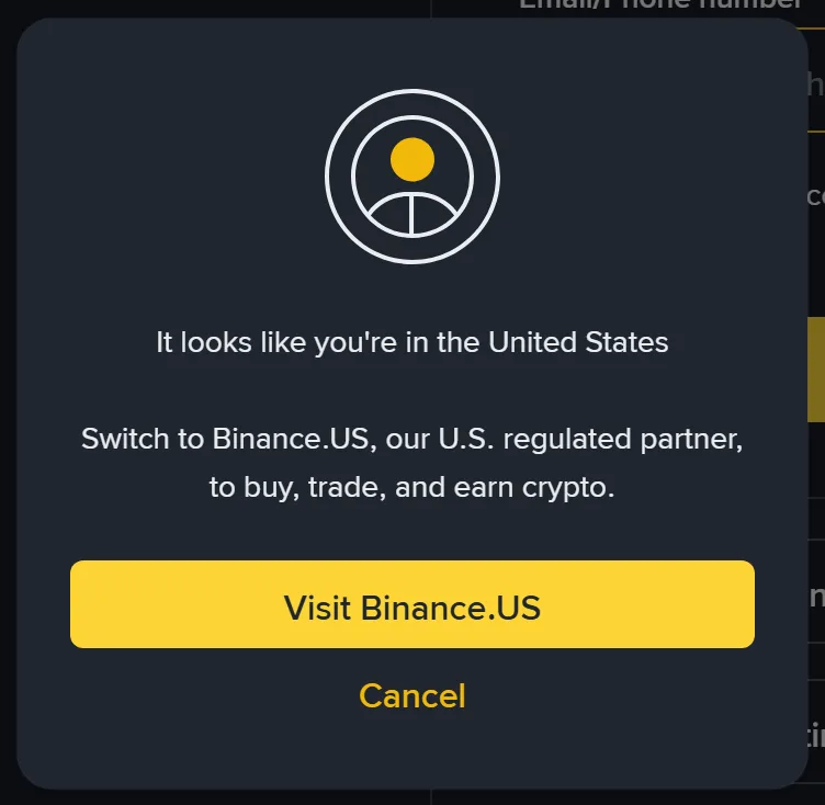 Location prompt on the Binance sign-up page reading: It looks like you're in the United States. Switch to Binance.US, with Visit Binance.US and Cancel buttons